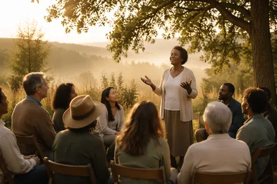 Outdoor Worship Gathering in Meadow Sunrise