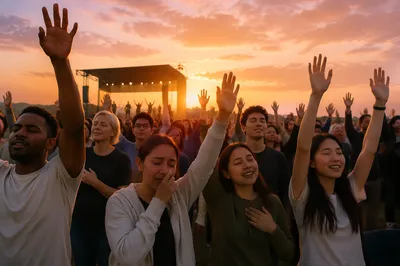 Crowd With Raised Hands at Sunset