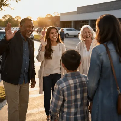 Church Greeters Welcoming Families in Parking Lot