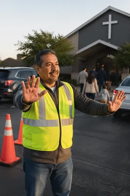 Parking Lot Volunteer Directing Cars
