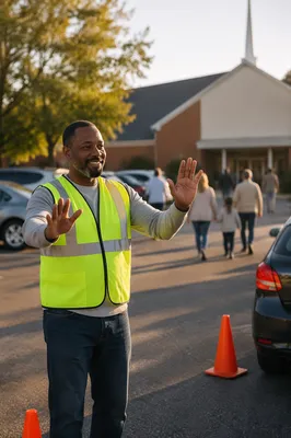 Volunteer Directing Cars in Church Parking Lot