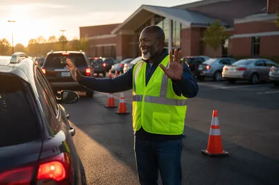 Volunteer Directing Cars in Church Parking Lot