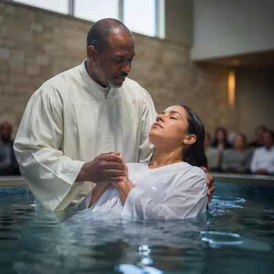 Pastor Baptizing Woman in Church Pool
