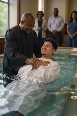 Pastor Baptizing Young Man in Church Pool