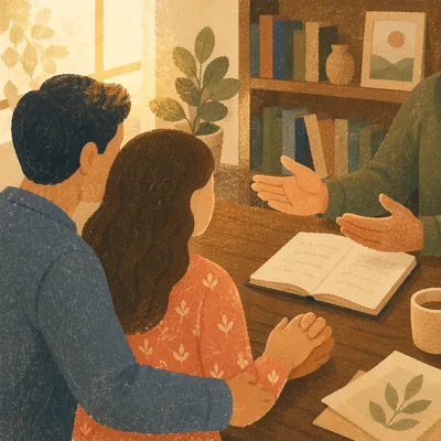 Pastor Counseling Couple in Warm Office