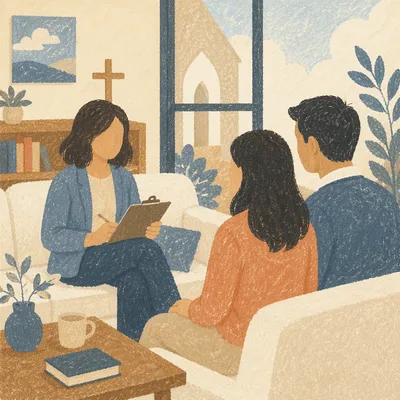 Pastor Counseling Couple in Calm Office