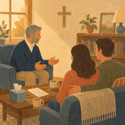 Pastor Counseling Couple in Church Office