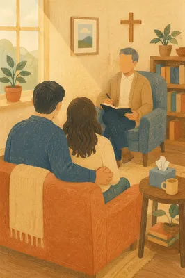 Pastor Counseling Couple in Church Office