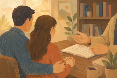Pastor Counseling Couple in Warm Office