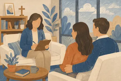 Pastor Counseling Couple in Church Office