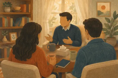 Pastor Counseling Couple in Gentle Office Light