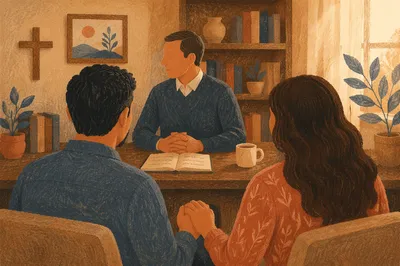 Pastor Counseling Couple in Church Office