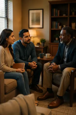 Pastor Counseling Young Couple in Office