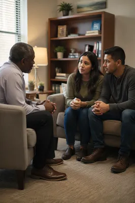 Pastor Counseling Young Couple in Office