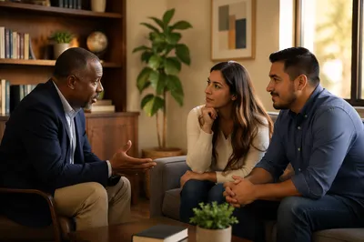 Pastor Counseling Young Couple in Sunlit Office
