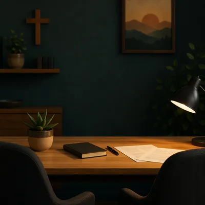 Quiet Pastoral Counseling Office with Teal Wall