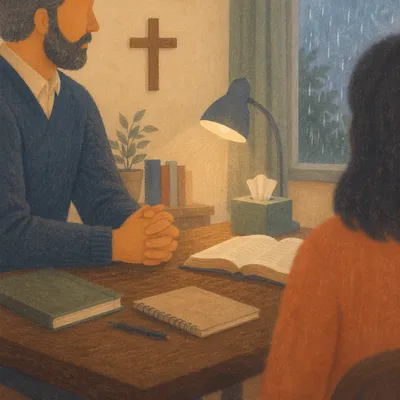 Compassionate Pastor Counseling in Rainy Church Office