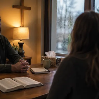 Compassionate Pastor Counseling in Church Office