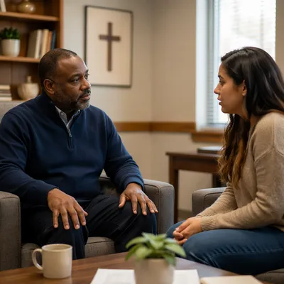 Compassionate Pastor Counseling in Church Office