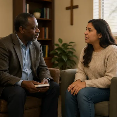 Pastor Counseling Young Woman in Office