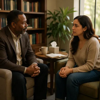 Pastor Counseling Young Woman in Sunlit Office