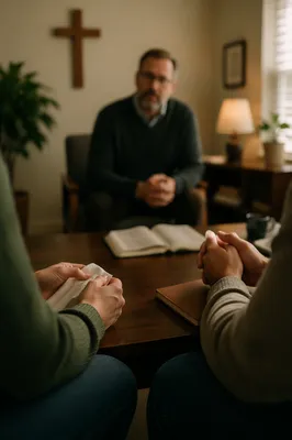 Compassionate Pastor Counseling in Church Office