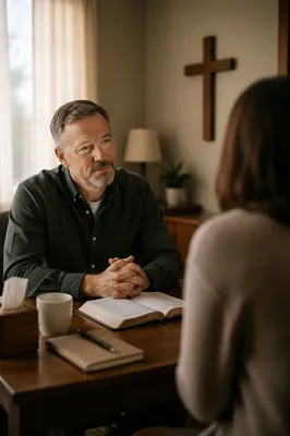 Pastor Counseling in Quiet Church Office