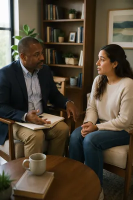 Pastor Counseling Woman in Sunlit Office