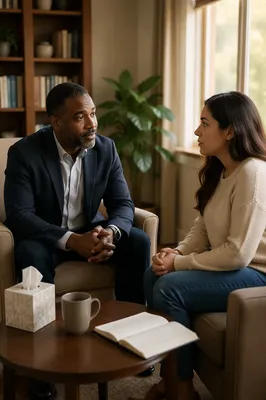 Pastor Counseling a Young Woman in Office
