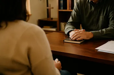 Quiet Pastor Counseling Session in Church Office