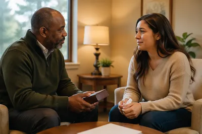Pastor Counseling Young Woman in Office