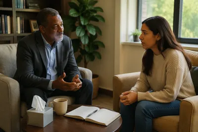 Pastor Counseling Young Woman in Sunlit Office