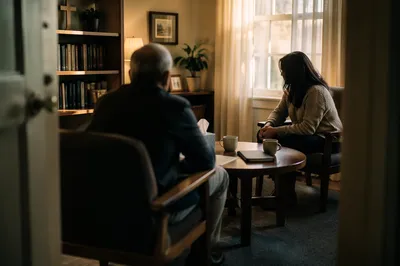 Pastor Counseling Visitor in Quiet Church Office