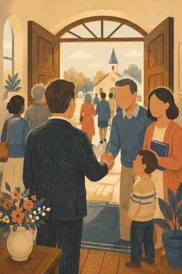 Pastor Welcoming Congregation at Church Door