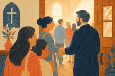 Pastor Welcoming Congregation at Church Door