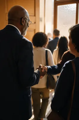 Pastor Greeting Congregation at Church Door