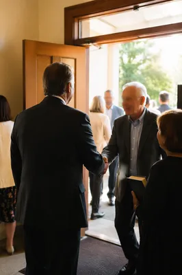 Pastor Greeting Congregation at Church Door