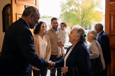 Pastor Greeting Congregants at Chapel Door