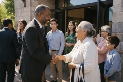 Pastor Greeting Congregation at Church Door