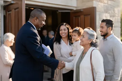 Pastor Greeting Congregants at Church Door