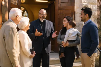 Pastor Greeting Congregants Outside Church Door