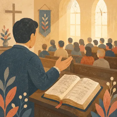 Pastor Gesturing Beside Open Bible