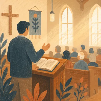 Pastor Preaching with Open Bible at Lectern