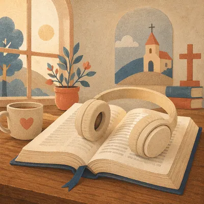 Open Bible with Headphones for Sermon Study