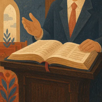 Pastor Gesturing Over Open Bible Sermon