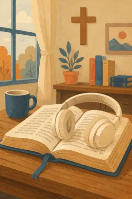 Open Bible with Headphones for Sermon Study