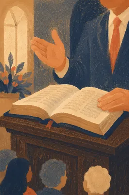 Pastor Gesturing Above Open Bible
