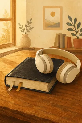 Bible with Headphones on Wooden Table