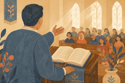 Pastor Gesturing Beside Open Bible