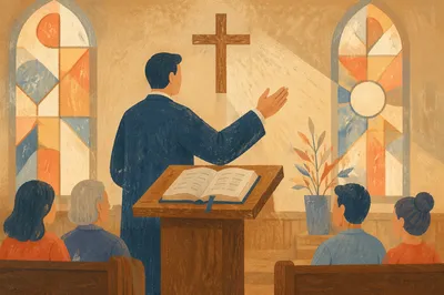Pastor Preaching Beside Open Bible in Chapel